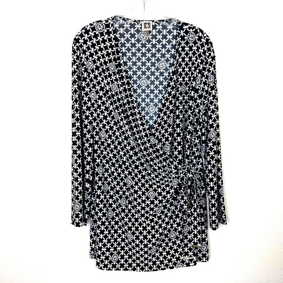 Anne Klein Faux Wrap Tunic Blouse Size XL Black White Chain Lion Pattern Office - Picture 1 of 8